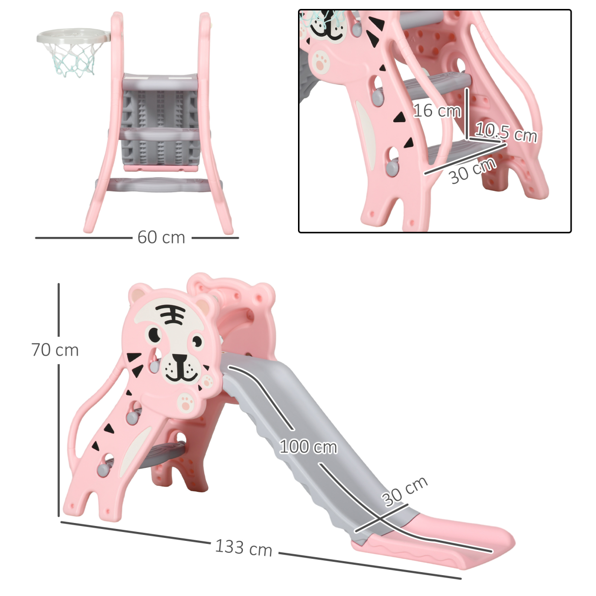 AIYAPLAY Kids Slide with Basketball Hoop, for 18-36 Months, Pink