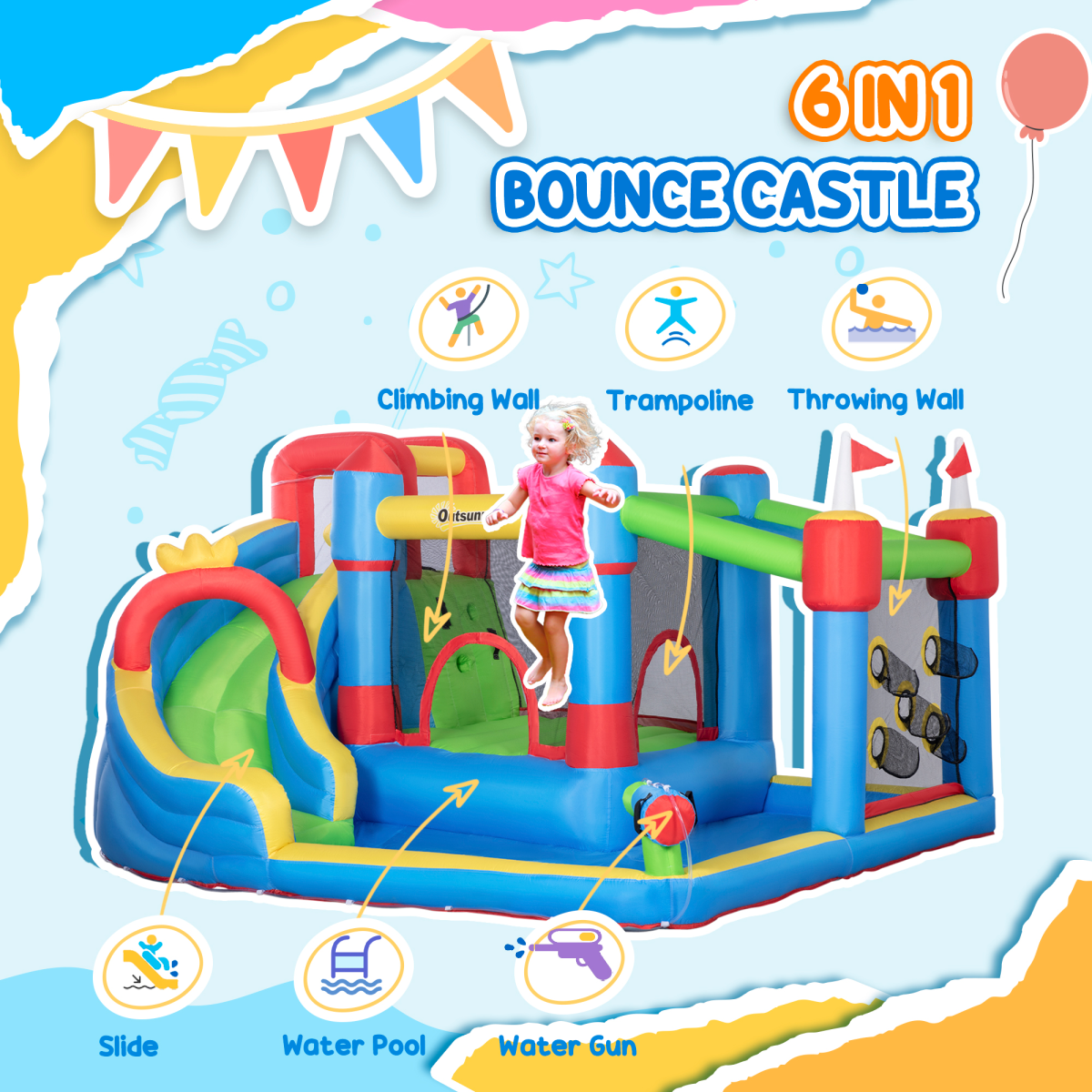 Kids Inflatable Bouncy Castle 6 in 1 Water Slide Water Gun Air Blower