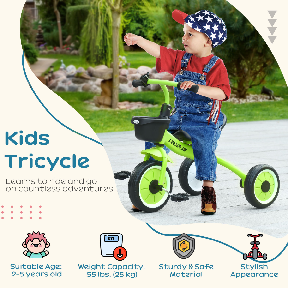 AIYAPLAY Trike with Adjustable Seat, Kids Tricycle for 2-5 Years Old Green