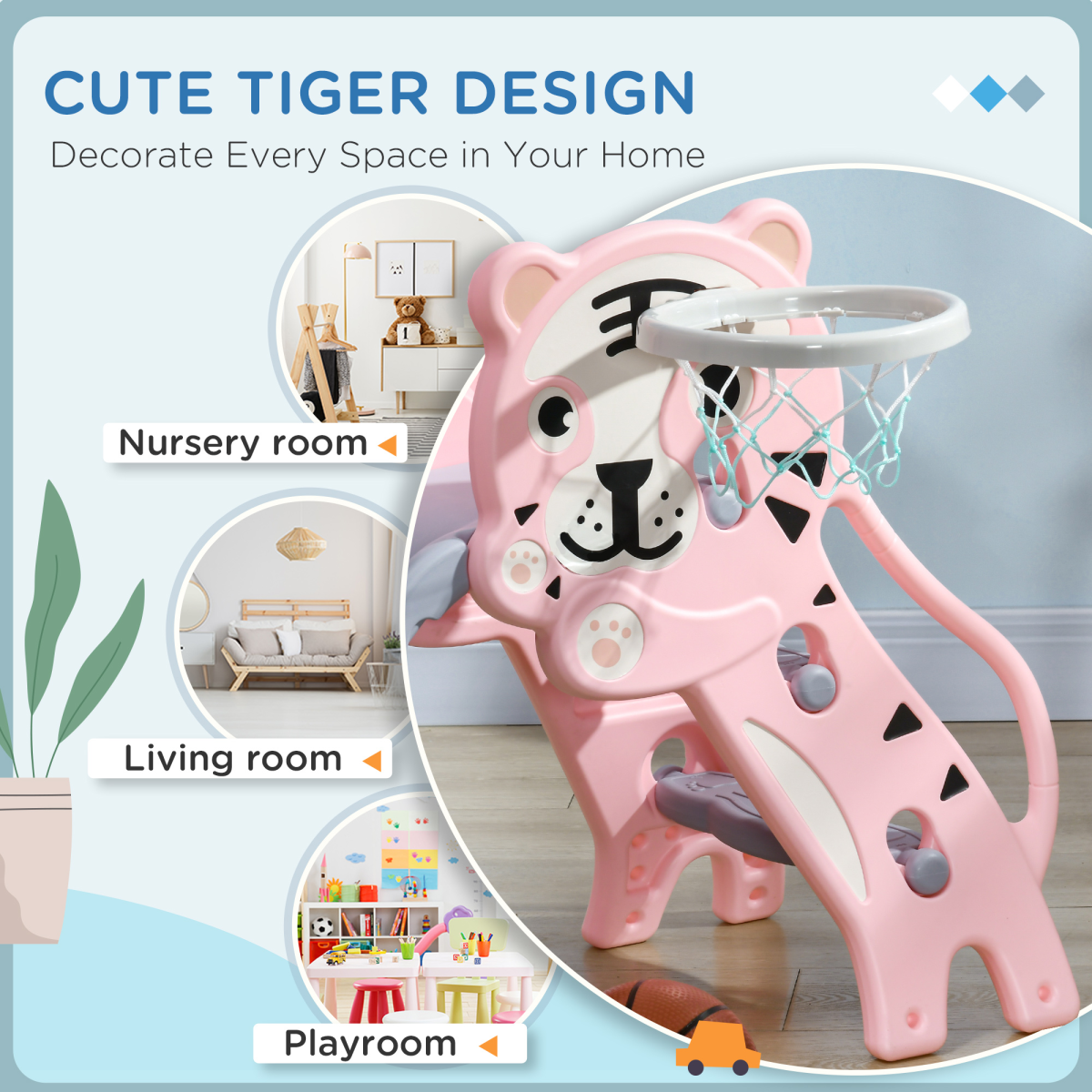 AIYAPLAY Kids Slide with Basketball Hoop, for 18-36 Months, Pink